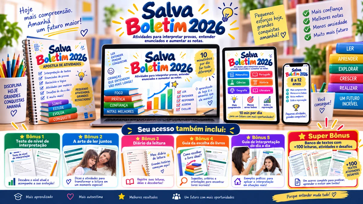Kit completo Salva Boletim 2026: apostila impressa, versão digital no computador, tablet e celular, mais os 6 bônus