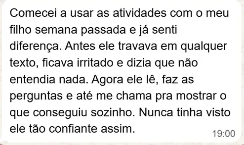Print de depoimento de mãe sobre a melhora do filho com as atividades