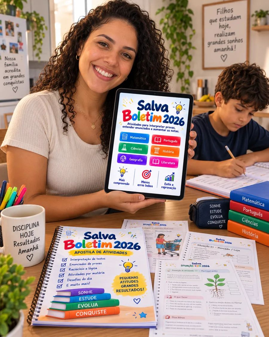 Mãe mostrando o Salva Boletim no tablet enquanto o filho faz as atividades