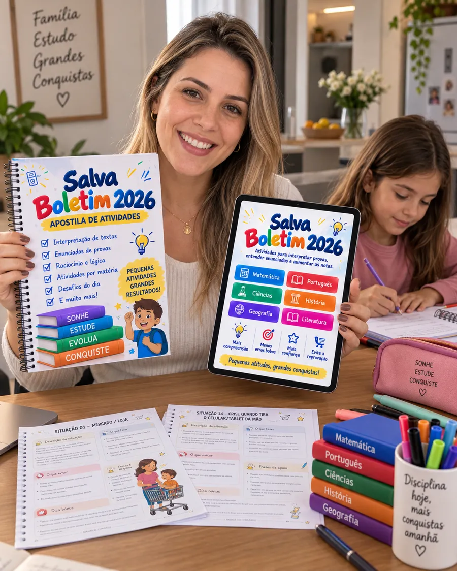 Mãe segurando a apostila Salva Boletim impressa e a versão digital no tablet
